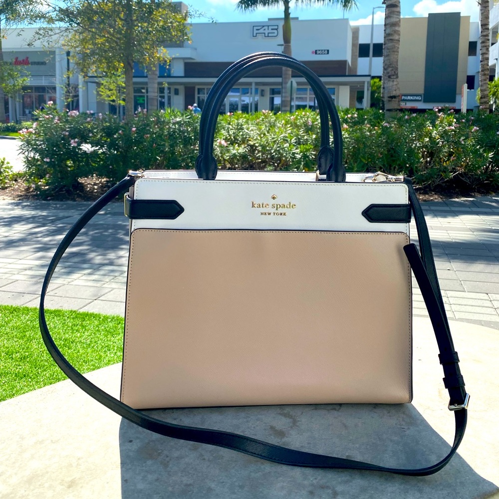 Kate Spade Silver Logo Leather Beige Black & White Tote Crossbody Satchel